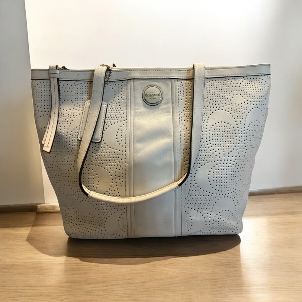 Vintage Coach White Leather Tote with Perforated Design